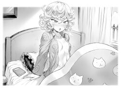 Rule 34 | 1girl, :o, animal print, bed, bedroom, blanket, blush, breasts, cat print, collarbone, curly hair, curtains, mogudan, monochrome, navel, nose blush, notebook, on bed, one-punch man, open clothes, open shirt, pajamas, petite, pillow, short hair, sitting, small breasts, solo, tatsumaki, window