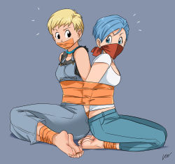 Rule 34 | 10s, 2girls, back-to-back, bandana, bandana over mouth, barefoot, bead necklace, beads, black eyes, blonde hair, blue eyes, blue hair, bound, bound ankles, breasts, bulma, cleavage, dragon ball, dragon ball super, earrings, feet, gag, gagged, highres, improvised gag, jewelry, lost one zero, medium breasts, multiple girls, necklace, official style, overalls, raised eyebrow, raised eyebrows, seiza, shirt, short hair, siblings, signature, sisters, sitting, small breasts, soles, tape, tape gag, tied up (nonsexual), tights (ginga patrol jaco), toes, torn clothes, torn shirt