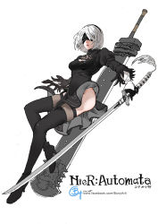 Rule 34 | b.c.n.y., black dress, black hairband, blindfold, boots, cleavage cutout, clothing cutout, covered eyes, dress, feather-trimmed sleeves, hairband, high heel boots, high heels, holding, holding sword, holding weapon, juliet sleeves, long sleeves, mole, mole under mouth, nier (series), nier:automata, pink lips, puffy sleeves, silver hair, solo, sword, thigh boots, thighhighs, thighhighs under boots, vambraces, weapon, 2b (nier:automata)
