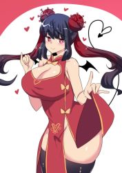 Rule 34 | 1girl, absurdres, bat wings, black hair, breasts, china dress, chinese clothes, cleavage, cleavage cutout, clothes lift, clothing cutout, corona-chan, coronavirus, demon tail, double bun, dress, hair bun, heart, heart-shaped pupils, highres, hinghoi, large breasts, lifting own clothes, long hair, looking at viewer, multicolored hair, no panties, original, personification, pink eyes, red hair, skindentation, solo, streaked hair, symbol-shaped pupils, tail, thighhighs, thighs, twintails, white background, wide hips, wings