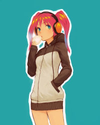 Rule 34 | 1girl, baozi, blue eyes, dumpling, face, food, hands in pockets, headphones, highres, red hair, sentou, simple background, solo, twintails