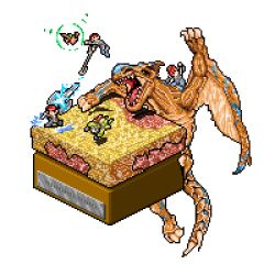 Rule 34 | 1992kazu, armor, axe, bad id, bad pixiv id, battle, beetle, bug, capcom, claws, dragon, holding, holding knife, holding weapon, bug, jumping, knife, monster, monster hunter (series), monster hunter 4, pixel art, polearm, sharp teeth, tail, teeth, tigrex, weapon, white background, wings, wyvern