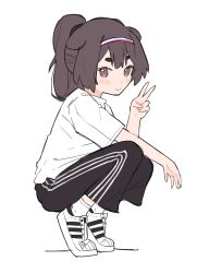 Rule 34 | absurdres, adidas, adidas superstar, alternate costume, alternate hairstyle, animal ears, black pants, blush, brown eyes, brown hair, dog ears, dog girl, hairband, highres, inukai purin, looking at viewer, lucabassiart, pants, ponytail, shirt, shoes, short eyebrows, simple background, smile, sneakers, socks, solo, squatting, streetwear, sweatpants, tsunderia, v, virtual youtuber, white background, white shirt