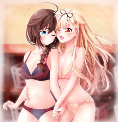 Rule 34 | 2girls, absurdres, ahoge, black bra, black panties, black ribbon, blonde hair, blue eyes, blurry, blurry background, bow, bow bra, bra, braid, breasts, brown hair, cheek-to-cheek, cleavage, commentary request, cowboy shot, depth of field, hair ornament, hair over shoulder, hair ribbon, hairclip, hand on another&#039;s hip, heads together, highres, holding hands, indoors, interlocked fingers, kantai collection, kururuduki, lace, lace-trimmed bra, lace-trimmed panties, lace trim, long hair, looking at another, looking back, multiple girls, navel, open mouth, panties, polka dot, polka dot bra, polka dot panties, red eyes, red ribbon, ribbon, shigure (kancolle), single braid, small breasts, smile, smirk, standing, underwear, underwear only, yellow bra, yellow panties, yuudachi (kancolle)