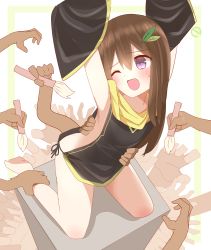 Rule 34 | 1girl, absurdres, arms up, bare legs, bare shoulders, barefoot, black dress, black sleeves, blush, brown hair, detached sleeves, dress, green background, hair between eyes, hair ornament, highres, holding, holding another&#039;s wrist, holding brush, kneeling, leaf hair ornament, long hair, long sleeves, ninja, non (wednesday-classic), one eye closed, open mouth, original, purple eyes, scarf, sleeveless, sleeveless dress, soles, solo focus, sweat, two-tone background, white background, yellow scarf