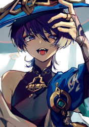 Rule 34 | 1boy, armor, blue eyes, blue hat, eyeshadow, fangs, genshin impact, hair between eyes, hat, highres, japanese armor, japanese clothes, jingasa, kote, looking at viewer, makeup, male focus, off shoulder, open mouth, purple eyes, red eyeshadow, saliva, scaramouche (genshin impact), simple background, solo, upper body, vision (genshin impact), wanderer (genshin impact), white background, yoruhachi
