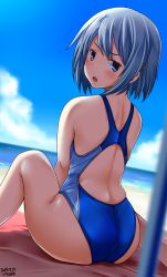 Rule 34 | 1girl, artist name, ass, back, beach, blue hair, blue one-piece swimsuit, blue sky, blush, breasts, cloud, collarbone, competition swimsuit, cowboy shot, dated, day, hair between eyes, hairband, highres, looking at viewer, looking back, mahou shoujo madoka magica, mahou shoujo madoka magica (anime), miki sayaka, one-piece swimsuit, open mouth, parasol, sand, short hair, sitting, sky, small breasts, solo, swimsuit, thighs, towel, tsuchimiya, umbrella, water
