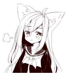 Rule 34 | 1girl, :t, animal ear fluff, animal ears, closed mouth, collarbone, flower knot, fox ears, fox girl, greyscale, hair between eyes, jacket, long hair, monochrome, neckerchief, original, pout, sailor collar, sidelocks, simple background, solo, tandohark, upper body, white background