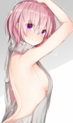 Rule 34 | 1girl, akiran&#039;nu, arched back, arms up, backless dress, backless outfit, bare back, blush, breasts, closed mouth, dress, fate/grand order, fate (series), from side, hair between eyes, halterneck, highres, light purple hair, looking at viewer, mash kyrielight, medium breasts, meme attire, naked sweater, pink hair, purple eyes, ribbed sweater, shade, short hair, sideboob, smile, solo, sweater, sweater dress, turtleneck, turtleneck sweater, upper body, virgin killer sweater, white sweater
