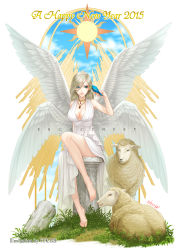 Rule 34 | 10s, 1girl, 2015, barefoot, blonde hair, breasts, cleavage, dress, grass, happy new year, highres, jewelry, large breasts, legs, lips, long hair, multiple wings, necklace, new year, original, sheep, sitting, solo, wings