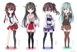 Rule 34 | 10s, 4girls, :d, ;o, bare shoulders, black hair, boots, braid, brown eyes, brown hair, character name, chibi, detached sleeves, gloves, green eyes, green hair, haruna (kancolle), headgear, image sample, japanese clothes, kaga (kancolle), kantai collection, long hair, looking at viewer, multiple girls, muneate, necktie, nontraditional miko, noshiro (kancolle), one eye closed, open mouth, partially fingerless gloves, partly fingerless gloves, pleated skirt, ribbon-trimmed sleeves, ribbon trim, rin yuu, sailor collar, school uniform, side ponytail, single thighhigh, skirt, smile, suzuya (kancolle), thigh boots, thighhighs, twin braids, twitter username, white gloves, yugake