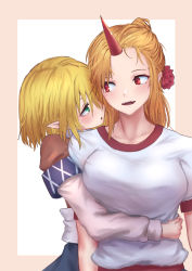 Rule 34 | 2girls, beige border, blonde hair, blue skirt, blush, border, breasts, brown shirt, commentary request, eye contact, fangs, flower, forehead, green eyes, hair between eyes, hair flower, hair ornament, highres, horns, hoshiguma yuugi, hug, hug from behind, large breasts, long hair, long sleeves, looking at another, looking to the side, mizuhashi parsee, multiple girls, open mouth, parted lips, pointy ears, red eyes, red flower, roke (taikodon), sash, scarf, shirt, short hair, short sleeves, simple background, single horn, skirt, smile, touhou, upper body, white background, white sash, white scarf, white shirt, yuri