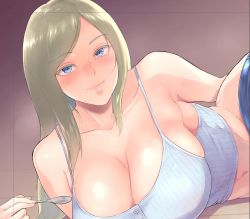 Rule 34 | 1girl, bare shoulders, bifidus, blonde hair, blue eyes, blush, breasts, cleavage, closed mouth, collarbone, commentary request, denim, hip focus, holding, holding spoon, jeans, large breasts, long hair, lying, midriff, on side, original, pants, pink lips, smile, solo, spoon, swept bangs, tank top