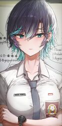 Rule 34 | 1girl, absurdres, aqua eyes, aqua hair, arms under breasts, blue hair, blue necktie, breasts, closed mouth, collarbone, collared shirt, highres, indonesian high school uniform, large breasts, looking at viewer, mole, mole on neck, mole under mouth, multicolored hair, necktie, original, school uniform, shirt, short hair, short sleeves, solo, streaked hair, translation request, upper body, vloodozer, watch, white shirt