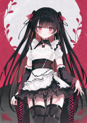 Rule 34 | 1girl, black hair, black skirt, black sleeves, black thighhighs, commentary request, detached sleeves, earrings, garter straps, highres, jewelry, long sleeves, multicolored hair, nail polish, nanananana, obi, original, parted lips, puffy short sleeves, puffy sleeves, red eyes, red hair, red nails, sash, shirt, short sleeves, skirt, solo, standing, thighhighs, two-tone hair, two side up, white shirt, wide sleeves