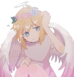 Rule 34 | 1boy, ?, aged down, angel wings, antenna hair, basil (faraway) (omori), basil (omori), blonde hair, bright pupils, closed mouth, dress, feathered wings, halo, hand on own head, hand on own knee, head tilt, head wreath, highres, knees up, nekonabe, official alternate costume, omori, short hair, short sleeves, sitting, smile, solo, white background, white dress, white halo, white pupils, white wings, wings