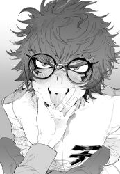 Rule 34 | 2boys, blush, drooling, facial mark, furrowed brow, glasses, greyscale, hair between eyes, hand on another&#039;s face, highres, holding another&#039;s tongue, jacket, long sleeves, looking at viewer, male focus, master detective archives: rain code, messy hair, monochrome, multiple boys, na 6, open mouth, pants, pov, pov hands, round eyewear, saliva, short hair, solo focus, sweat, thick eyebrows, tongue, tongue out, upper body, yaoi, yomi hellsmile, zilch alexander