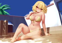 Rule 34 | 1girl, artist name, bare legs, bare shoulders, barefoot, bikini, blonde hair, blue sky, breasts, commentary request, commission, day, feet, front-tie bikini top, front-tie top, full body, hair between eyes, hand on own chest, head tilt, kuroonehalf, large breasts, looking at viewer, medium hair, navel, original, palm tree, parted lips, pool, red eyes, shallow water, side-tie bikini bottom, sitting, sky, solo, stomach, swimsuit, tree, water, yellow bikini