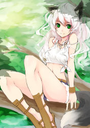 Rule 34 | 1girl, animal ears, crop top, fox ears, fox tail, front-tie top, green eyes, green hair, highres, in tree, jewelry, matching hair/eyes, midriff, nanahara fuyuki, necklace, original, sandals, shirt, shorts, sitting, sitting in tree, smile, solo, tail, tied shirt, tree, white hair, wristband