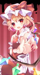 Rule 34 | 1girl, arms up, black background, blonde hair, commentary request, fang, finger to cheek, fingernails, flandre scarlet, gradient background, hair between eyes, hat, hat ribbon, highres, knee up, long fingernails, looking at viewer, mob cap, nail polish, one side up, open mouth, partial commentary, petticoat, puffy short sleeves, puffy sleeves, reaching, reaching towards viewer, red background, red eyes, red nails, red skirt, red vest, ribbon, sakurada (bannymilk), sharp fingernails, shirt, short hair, short sleeves, sitting, skin fang, skirt, slit pupils, solo, striped, striped background, touhou, vest, white hat, white shirt, wings, wrist cuffs