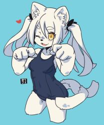 Rule 34 | 1girl, :d, animal ear fluff, animal ears, black bow, blue background, blue one-piece swimsuit, body fur, bow, breasts, cat ears, cat girl, cat tail, collarbone, furry, furry female, hair bow, long hair, looking at viewer, mawaru (mawaru), medium breasts, multiple tails, one-piece swimsuit, one eye closed, open mouth, original, simple background, small breasts, smile, solo, suzubi (mawaru), swimsuit, tail, twintails, white hair, yellow eyes
