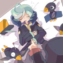 Rule 34 | 2boys, 32rhodium62, black coat, blanket, blue hair, closed eyes, coat, collared shirt, covering with blanket, drooling, hachi (puyopuyo), highres, holding, holding blanket, hood, hood up, hooded coat, kyuu-chan (puyopuyo), long sleeves, male focus, mouth drool, multiple boys, necktie, non-humanoid robot, purple shirt, puyopuyo, puyopuyo quest, robot, robot animal, shirt, sleeping, sleeves past wrists, white necktie, zero (puyopuyo), zzz