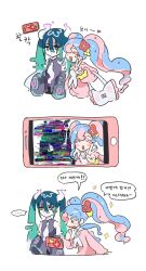 Rule 34 | ..., 2girls, blue hair, cellphone, closed eyes, closed mouth, creatures (company), detached sleeves, fairy miku (project voltage), flower, game freak, ghost miku (project voltage), glitch, hair flower, hair ornament, hatsune miku, highres, homes3eethome, korean commentary, korean text, long hair, long sleeves, multicolored hair, multiple girls, multiple views, nintendo, one eye closed, open mouth, phone, pink hair, pokemon, project voltage, selfie, simple background, smartphone, sparkle, translation request, twintails, very long hair, vocaloid, white background