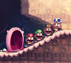 Rule 34 | artist name, blue toad (mario), blush, blush stickers, closed eyes, closed mouth, commentary request, crossover, crown, fangs, fleeing, flying sweatdrops, goomba, green headwear, hat, highres, imminent vore, inhaling, kirby, kirby (series), luigi, mario, mario (series), nervous sweating, nintendo, no humans, open mouth, panicking, princess peach, red headwear, ruins, running, scared, shade, super mario bros. wonder, suyasuyabi, sweat, toad (mario), twitter username, v-shaped eyebrows, wide-eyed