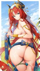 Rule 34 | 1girl, absurdres, armlet, ass, bare arms, bare shoulders, blue eyes, blue sky, breasts, cloud, day, genshin impact, highres, horns, kiriko (araragikoyomi), large breasts, long hair, looking at viewer, nilou (genshin impact), red hair, sky, smile, solo, thighs, veil, very long hair