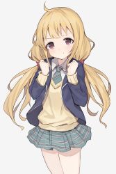 Rule 34 | 1girl, ahoge, blonde hair, blue jacket, blue skirt, clenched hands, closed mouth, collared shirt, futaba anzu, green necktie, green skirt, hands up, highres, idolmaster, idolmaster cinderella girls, jacket, long hair, long sleeves, looking at viewer, low twintails, necktie, pleated skirt, red eyes, school uniform, shirt, shone, simple background, skirt, smile, solo, twintails, white background, wing collar