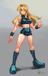 Rule 34 | 1girl, alex ahad, blonde hair, boots, breasts, crop top, full body, hair over one eye, high-waist shorts, highres, metroid, metroid dread, metroid fusion, mole, mole under mouth, navel, nintendo, short shorts, shorts, sleeveless, solo, standing, stomach, toned, wristband