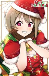 Rule 34 | 1girl, asymmetrical hair, bell, belt, bow, brown hair, capelet, criss-cross straps, dress, fur-trimmed capelet, fur trim, green bow, grin, hands on own cheeks, hands on own face, hat, highres, love live!, love live! nijigasaki high school idol club, merry christmas, nakasu kasumi, neck bell, red capelet, red dress, red eyes, santa hat, scarf, sidelocks, simple background, smile, solo, swept bangs, tagme, upper body, usausaoketsu, waist bow