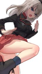 Rule 34 | 1girl, absurdres, ass, black jacket, blue eyes, fighting stance, from below, girls und panzer, highres, itsumi erika, jacket, kuromorimine military uniform, lazurite (user 8870367), looking at viewer, red skirt, skirt, solo, thighs, upskirt, white background, white hair