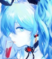 Rule 34 | 1girl, absurdres, ambiguous red liquid, annie bass, black choker, blue eyes, blue hair, bow, bow earrings, choker, colored skin, commentary request, earrings, expressionless, flower, hair between eyes, highres, jewelry, lips, long bangs, long hair, looking at viewer, mogukk, open mouth, portrait, profile, red flower, red rose, rose, solo, twintails, vial, white skin, witch&#039;s weapon