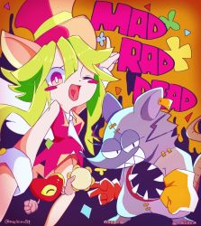 Rule 34 | 1girl, 2boys, animal ears, blush stickers, breasts, ear tag, gloves, green hair, hat, heart (mad rat dead), highres, hole on body, instrument, leotard, mad rat, mad rat dead, mouse (animal), mouse ears, mouse girl, mouse tail, multiple boys, nippon ichi, rat god, red eyes, ribs, stitches, tail, tambourine, top hat, wings, wrist cuffs