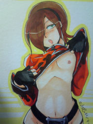 Rule 34 | 1boy, alternate eye color, alternate hair color, androgynous, ash crimson, ass, black panties, blush, brown hair, cheerio, clothes lift, fingerless gloves, freckles, gloves, green eyes, hair over one eye, highres, male focus, marker (medium), midriff, navel, nipples, no pants, panties, shirt lift, solo, the king of fighters, traditional media, underwear