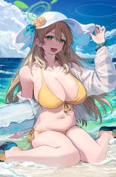 Rule 34 | 1girl, aochoku, arm support, bikini, blue archive, bracelet, breasts, caustics, cleavage, cloud, day, flower, green eyes, halo, halterneck, hand on headwear, hat, hat flower, highres, holding, holding swim ring, horizon, innertube, jacket, jewelry, large breasts, light brown hair, long hair, looking at viewer, navel, nonomi (blue archive), nonomi (swimsuit) (blue archive), open mouth, outdoors, platform footwear, sandals, see-through, see-through jacket, side-tie bikini bottom, sitting, smile, solo, sun hat, swim ring, swimsuit, wariza, waves, white jacket, yellow bikini