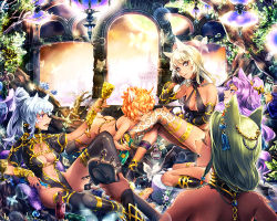 Rule 34 | 5girls, animal ears, ass, bare shoulders, black legwear, blonde hair, bottle, breasts, bug, butterfly, chalice, cleavage, closed eyes, cup, green hair, grey eyes, guitar, insect, instrument, long hair, multiple girls, nemusuke, open mouth, orange hair, original, pink eyes, purple eyes, purple hair, short hair, silver hair, sitting, smile, thighhighs