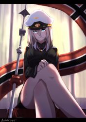Rule 34 | 1girl, absurdres, azur lane, backlighting, bad id, bad pixiv id, bare legs, battle standard, blue eyes, breasts, character name, closed mouth, curtains, hair between eyes, hat, highres, indoors, large breasts, crossed legs, letterboxed, long sleeves, looking at viewer, military, military hat, military uniform, murata ryou, short hair, silver hair, sitting, solo, tirpitz (azur lane), uniform