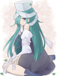 Rule 34 | 1girl, aqua eyes, aqua hair, bandages, blush, closed mouth, clover, commentary request, detached sleeves, dress, four-leaf clover, from behind, hair over one eye, hat, highres, long hair, looking back, ootani yoshitsugu (sengoku collection), sengoku collection, sitting, smile, solo, wariza, yonaga san