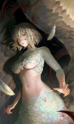 Rule 34 | 1girl, absurdres, blood, blood on body, blood on hands, body fur, breasts, chimera, commentary, cowboy shot, dungeon meshi, falin touden, falin touden (chimera), falling feathers, feathered wings, feathers, highres, light brown hair, looking at viewer, medium breasts, monster girl, navel, parted lips, short hair, slit pupils, solo, tail, tamaki (tamaki599), taur, underboob, white feathers, wings, yellow eyes