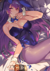 Rule 34 | 1girl, alcohol, animal ears, bare arms, bare shoulders, bed, blue bow, blue bowtie, blue footwear, blue leotard, bottle, bow, bowtie, breasts, breasts apart, cleavage, collarbone, couch, detached collar, drink, earrings, fake animal ears, fate/grand order, fate (series), female focus, finger to mouth, from above, grey pantyhose, hair between eyes, hand up, high heels, hip focus, holding, holding bottle, jewelry, large breasts, legs, leotard, liquor, long hair, looking at viewer, lying, official alternate costume, ohland, on back, on bed, pantyhose, petals, playboy bunny, purple hair, rabbit ears, red eyes, scathach (fate), scathach (piercing bunny) (fate), shade, sitting, solo, strapless, strapless leotard, stud earrings, thighs, type-moon, wrist cuffs