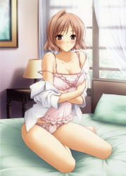 Rule 34 | 1girl, bad id, bad yandere id, barefoot, bed, bed sheet, blush, bow, bow panties, breast hold, breasts, brown eyes, brown hair, camisole, cleavage, collarbone, crossed arms, curtains, dress shirt, female focus, hair intakes, highres, indoors, lace, lace panties, lamp, large breasts, lingerie, looking at viewer, nogisaka motoka, off shoulder, official art, open clothes, open shirt, panties, photo (object), pillow, pink eyes, pink panties, scan, shirt, short hair, sitting, smile, solo, strap slip, suzuhira hiro, table, thighs, underwear, undressing, window, yokozuwari, yosuga no sora