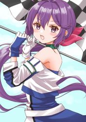 Rule 34 | 1girl, akebono (kancolle), blue dress, checkered flag, cocoperino, cowboy shot, dress, flag, flower, gloves, hair flower, hair ornament, hair ribbon, holding, jacket, kantai collection, long hair, looking at viewer, multicolored clothes, multicolored gloves, official alternate costume, purple eyes, purple hair, race queen, ribbon, side ponytail, solo, very long hair, white jacket