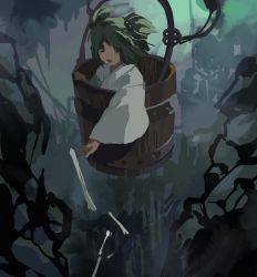 Rule 34 | 1girl, :d, blush, bone, bucket, commentary request, eyebrows hidden by hair, fog, green eyes, green hair, hair bobbles, hair ornament, highres, in bucket, in container, kaigen 1025, kisume, looking down, open mouth, outstretched arm, parted bangs, robe, short hair, smile, solo, touhou, two side up, white robe, wide sleeves