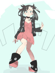 Rule 34 | 1girl, aqua eyes, asymmetrical hair, bad id, bad pixiv id, black choker, black footwear, black hair, black jacket, blue background, blush, boots, breasts, choker, closed mouth, collarbone, creatures (company), dress, female focus, game freak, grey hair, hair ribbon, hand up, high heels, index finger raised, jacket, long sleeves, looking at viewer, marnie (pokemon), nintendo, open clothes, open jacket, pink dress, pokemon, pokemon swsh, red ribbon, ribbon, simple background, sleeveless, sleeveless dress, small breasts, solo, spaghetti strap, two side up, v-shaped eyebrows, zaitsu