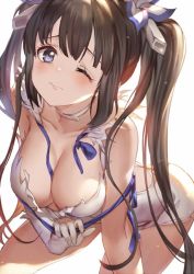 Rule 34 | 1girl, 3:, 77gl, backless dress, backless outfit, backlighting, bad id, bad twitter id, bare shoulders, bent over, black hair, blue eyes, blue ribbon, breasts, choker, cleavage, closed mouth, collarbone, dress, dungeon ni deai wo motomeru no wa machigatteiru darou ka, frown, gloves, hair ornament, hestia (danmachi), large breasts, long hair, looking at viewer, rei no himo, ribbon, short dress, simple background, sleeveless, sleeveless dress, solo, standing, thighs, twintails, very long hair, white background, white dress, white gloves