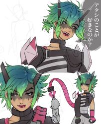 Rule 34 | 1girl, 1other, alter (apex legends), animification, annoyed, apex legends, asymmetrical gloves, black gloves, black sclera, bodysuit, colored sclera, fangs, fingerless gloves, gloves, green hair, grey bodysuit, highres, looking to the side, mechanical tail, mismatched gloves, pink gloves, red lips, ritomidi, smile, speech bubble, tail, translation request, white eyes