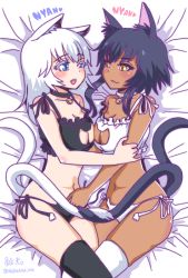 Rule 34 | 2girls, :3, animal ear fluff, animal ears, arm grab, bare arms, bed, bell, black hair, black panties, black vs white, blue eyes, blush, breasts, cat cutout, cat ear panties, cat ears, cat girl, cat lingerie, cat tail, choker, cleavage cutout, clothing cutout, collar, dark-skinned female, dark skin, fangs, female focus, fingering, heart, hug, interracial, intertwined tails, jingle bell, legs, lingerie, long hair, looking at another, lying, medium breasts, meme attire, midriff, multiple girls, multiple tails, navel, neck bell, nekomata, off shoulder, on bed, on side, open mouth, original, panties, shake-o, side-tie panties, smile, strap slip, tail, thighhighs, twitter username, two tails, underwear, white hair, yellow eyes, yuri