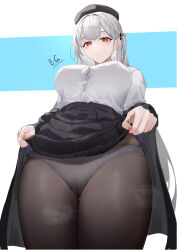 Rule 34 | 1girl, azur lane, baige0, black hat, black pantyhose, black skirt, blue background, blush, breasts, button gap, chinese commentary, closed mouth, clothes lift, commentary request, from below, grey hair, hat, highres, large breasts, long hair, long sleeves, looking at viewer, looking down, panties, panties under pantyhose, pantyhose, red eyes, revision, scylla (azur lane), scylla (femme fatale fresher) (azur lane), shirt, shirt tucked in, side ponytail, simple background, skirt, skirt lift, smile, solo, thighs, underwear, white panties, white shirt